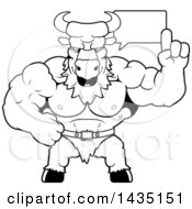 Clipart Of A Cartoon Black And White Lineart Buff Muscular Minotaur Talking Royalty Free Vector Illustration