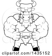 Clipart Of A Cartoon Black And White Lineart Buff Muscular Minotaur Giving Two Thumbs Up Royalty Free Vector Illustration