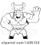 Clipart Of A Cartoon Black And White Lineart Buff Muscular Minotaur Waving Royalty Free Vector Illustration
