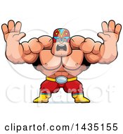 Poster, Art Print Of Cartoon Buff Muscular Luchador Mexican Wrestler Holding His Hands Up And Screaming