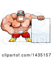 Cartoon Buff Muscular Luchador Mexican Wrestler With A Blank Sign