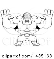 Clipart Of A Cartoon Black And White Lineart Buff Muscular Luchador Mexican Wrestler Holding His Hands Up And Screaming Royalty Free Vector Illustration by Cory Thoman