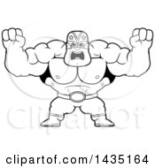 Cartoon Black And White Lineart Buff Muscular Luchador Mexican Wrestler Holding His Fists In Balls Of Rage