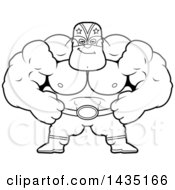 Clipart Of A Cartoon Black And White Lineart Smug Buff Muscular Luchador Mexican Wrestler Royalty Free Vector Illustration by Cory Thoman