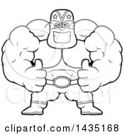 Cartoon Black And White Lineart Buff Muscular Luchador Mexican Wrestler Giving Two Thumbs Up