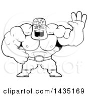 Clipart Of A Cartoon Black And White Lineart Buff Muscular Luchador Mexican Wrestler Waving Royalty Free Vector Illustration by Cory Thoman