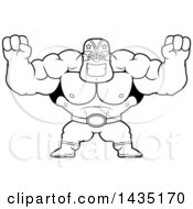 Clipart Of A Cartoon Black And White Lineart Buff Muscular Luchador Mexican Wrestler Cheering Royalty Free Vector Illustration