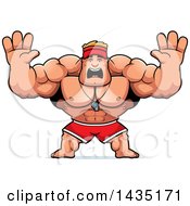 Clipart Of A Cartoon Buff Muscular Male Lifeguard Holding His Hands Up And Screaming Royalty Free Vector Illustration