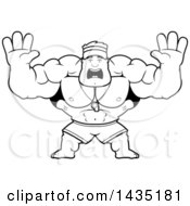 Clipart Of A Cartoon Black And White Lineart Buff Muscular Male Lifeguard Holding His Hands Up And Screaming Royalty Free Vector Illustration