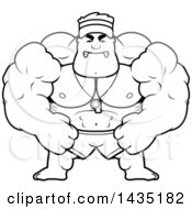 Clipart Of A Cartoon Black And White Lineart Mad Buff Muscular Male Lifeguard Royalty Free Vector Illustration
