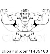 Clipart Of A Cartoon Black And White Lineart Buff Muscular Male Lifeguard Holding His Fists In Balls Of Rage Royalty Free Vector Illustration