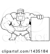 Poster, Art Print Of Cartoon Black And White Lineart Buff Muscular Male Lifeguard With A Blank Sign