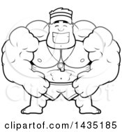 Clipart Of A Cartoon Black And White Lineart Buff Muscular Male Lifeguard Grinning Royalty Free Vector Illustration