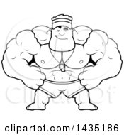 Clipart Of A Cartoon Black And White Lineart Smug Buff Muscular Male Lifeguard Royalty Free Vector Illustration