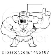Clipart Of A Cartoon Black And White Lineart Buff Muscular Male Lifeguard Talking Royalty Free Vector Illustration