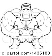 Clipart Of A Cartoon Black And White Lineart Buff Muscular Male Lifeguard Giving Two Thumbs Up Royalty Free Vector Illustration