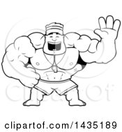 Clipart Of A Cartoon Black And White Lineart Buff Muscular Male Lifeguard Waving Royalty Free Vector Illustration