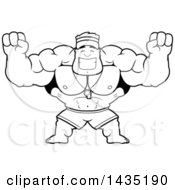 Clipart Of A Cartoon Black And White Lineart Buff Muscular Male Lifeguard Cheering Royalty Free Vector Illustration