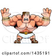 Cartoon Buff Muscular Hercules Holding His Hands Up And Screaming