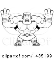 Clipart Of A Cartoon Black And White Lineart Buff Muscular Hercules Holding His Hands Up And Screaming Royalty Free Vector Illustration by Cory Thoman