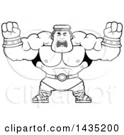 Poster, Art Print Of Cartoon Black And White Lineart Buff Muscular Hercules Holding His Fists In Balls Of Rage