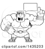 Clipart Of A Cartoon Black And White Lineart Buff Muscular Hercules Talking Royalty Free Vector Illustration