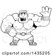 Clipart Of A Cartoon Black And White Lineart Buff Muscular Hercules Waving Royalty Free Vector Illustration