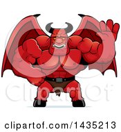 Clipart Of A Cartoon Buff Muscular Demon Waving Royalty Free Vector Illustration