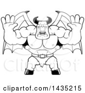 Clipart Of A Cartoon Black And White Lineart Buff Muscular Demon Holding His Hands Up And Screaming Royalty Free Vector Illustration