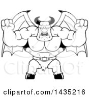 Clipart Of A Cartoon Black And White Lineart Buff Muscular Demon Holding His Fists In Balls Of Rage Royalty Free Vector Illustration