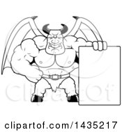 Clipart Of A Cartoon Black And White Lineart Buff Muscular Demon With A Blank Sign Royalty Free Vector Illustration
