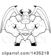 Clipart Of A Cartoon Black And White Lineart Smug Buff Muscular Demon Royalty Free Vector Illustration
