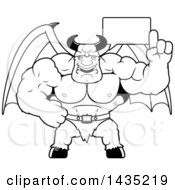 Clipart Of A Cartoon Black And White Lineart Buff Muscular Demon Talking Royalty Free Vector Illustration