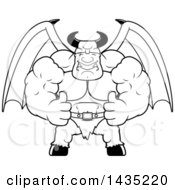 Clipart Of A Cartoon Black And White Lineart Buff Muscular Demon Giving Two Thumbs Up Royalty Free Vector Illustration