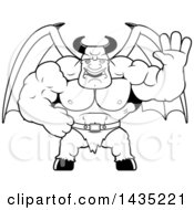 Clipart Of A Cartoon Black And White Lineart Buff Muscular Demon Waving Royalty Free Vector Illustration
