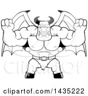Clipart Of A Cartoon Black And White Lineart Buff Muscular Demon Cheering Royalty Free Vector Illustration