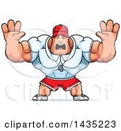 Poster, Art Print Of Cartoon Buff Muscular Sports Coach Holding His Hands Up And Screaming