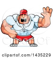 Poster, Art Print Of Cartoon Buff Muscular Sports Coach Waving