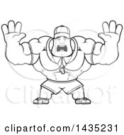 Clipart Of A Cartoon Black And White Lineart Buff Muscular Sports Coach Holding His Hands Up And Screaming Royalty Free Vector Illustration