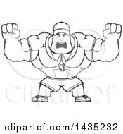Clipart Of A Cartoon Black And White Lineart Buff Muscular Sports Coach Holding His Fists In Balls Of Rage Royalty Free Vector Illustration