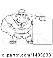 Poster, Art Print Of Cartoon Black And White Lineart Buff Muscular Sports Coach With A Blank Sign