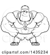 Poster, Art Print Of Cartoon Black And White Lineart Smug Buff Muscular Sports Coach