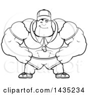 Clipart Of A Cartoon Black And White Lineart Smug Buff Muscular Sports Coach Royalty Free Vector Illustration