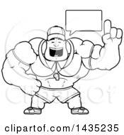 Clipart Of A Cartoon Black And White Lineart Buff Muscular Sports Coach Talking Royalty Free Vector Illustration