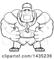 Poster, Art Print Of Cartoon Black And White Lineart Buff Muscular Sports Coach Giving Two Thumbs Up