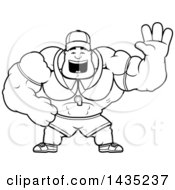 Clipart Of A Cartoon Black And White Lineart Buff Muscular Sports Coach Waving Royalty Free Vector Illustration