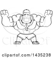 Clipart Of A Cartoon Black And White Lineart Buff Muscular Sports Coach Cheering Royalty Free Vector Illustration