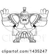 Clipart Of A Cartoon Black And White Lineart Buff Muscular Centurion Soldier Holding His Hands Up And Screaming Royalty Free Vector Illustration