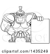 Poster, Art Print Of Cartoon Black And White Lineart Buff Muscular Centurion Soldier With A Blank Sign