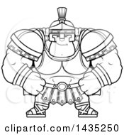 Clipart Of A Cartoon Black And White Lineart Smug Buff Muscular Centurion Soldier Royalty Free Vector Illustration